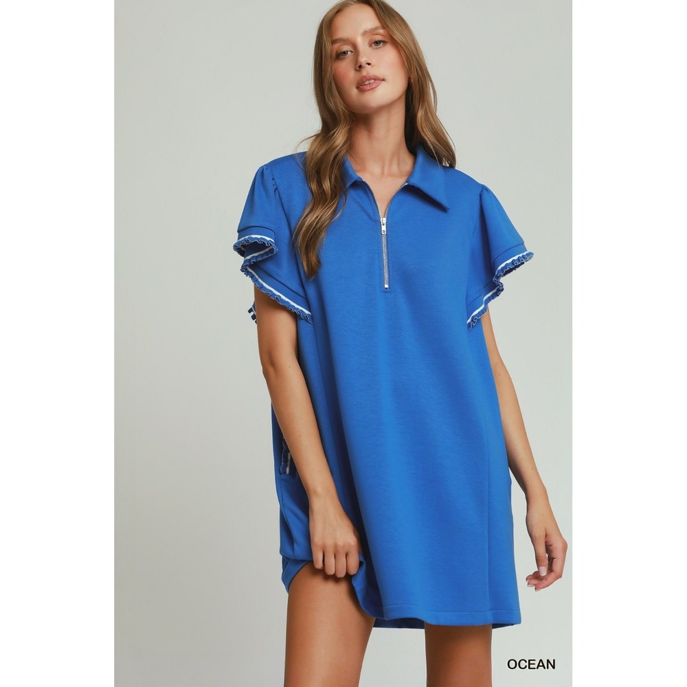 Umgee Half Zip Ruffle Rib Band Butterfy Sleeve Mini Dress with Pockets - Large - Picture 1 of 4